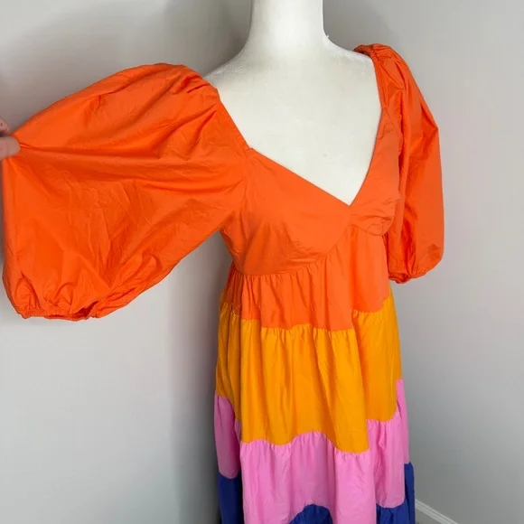 Farm Rio Puff Sleeve Colorblock Maxi Dress XS - Picture 4 of 8